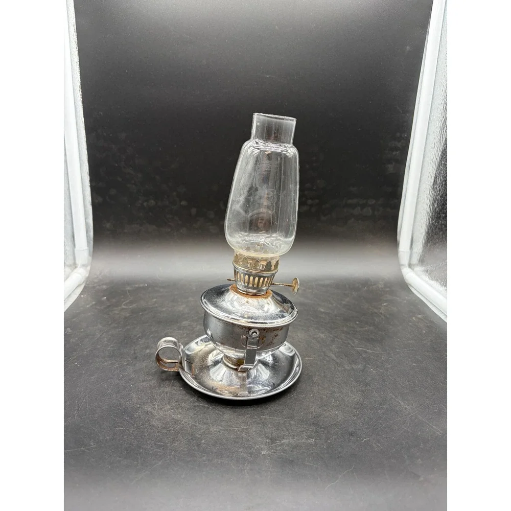 Vintage Miniature Chrome Oil Lamp with Glass Chimney Finger Hold Base